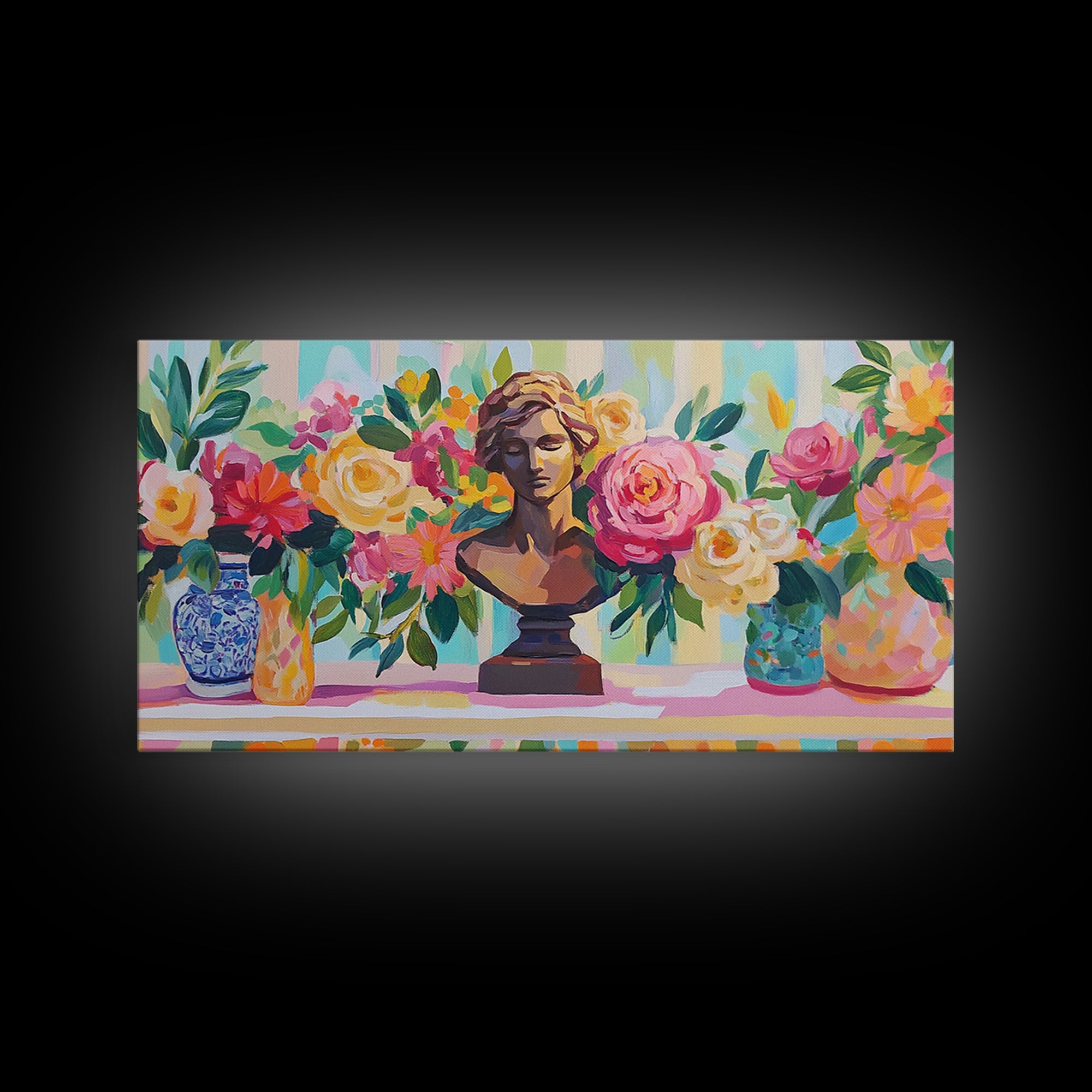 Classical Bust With Roses Framed Canvas Print, Floral Wall Art, Romantic Garden Decor, Feminine Living Room Art Gift For Her