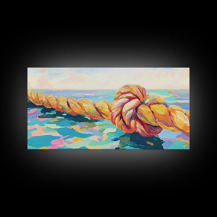 Nautical Rope Knot By Blue Sea Canvas Print, Coastal Wall Art, Ocean Beach House Decor, Lake House Living Room Decor Gift