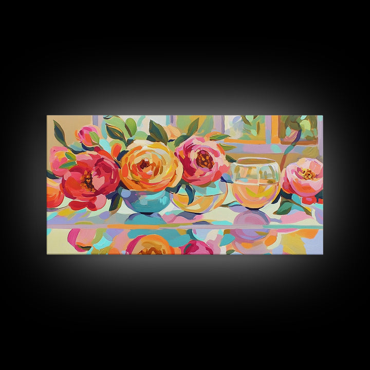 Pink Roses And White Wine Framed Canvas Print, Floral Still Life Wall Art, Romantic Kitchen Decor Gift For Her Dining Room Art