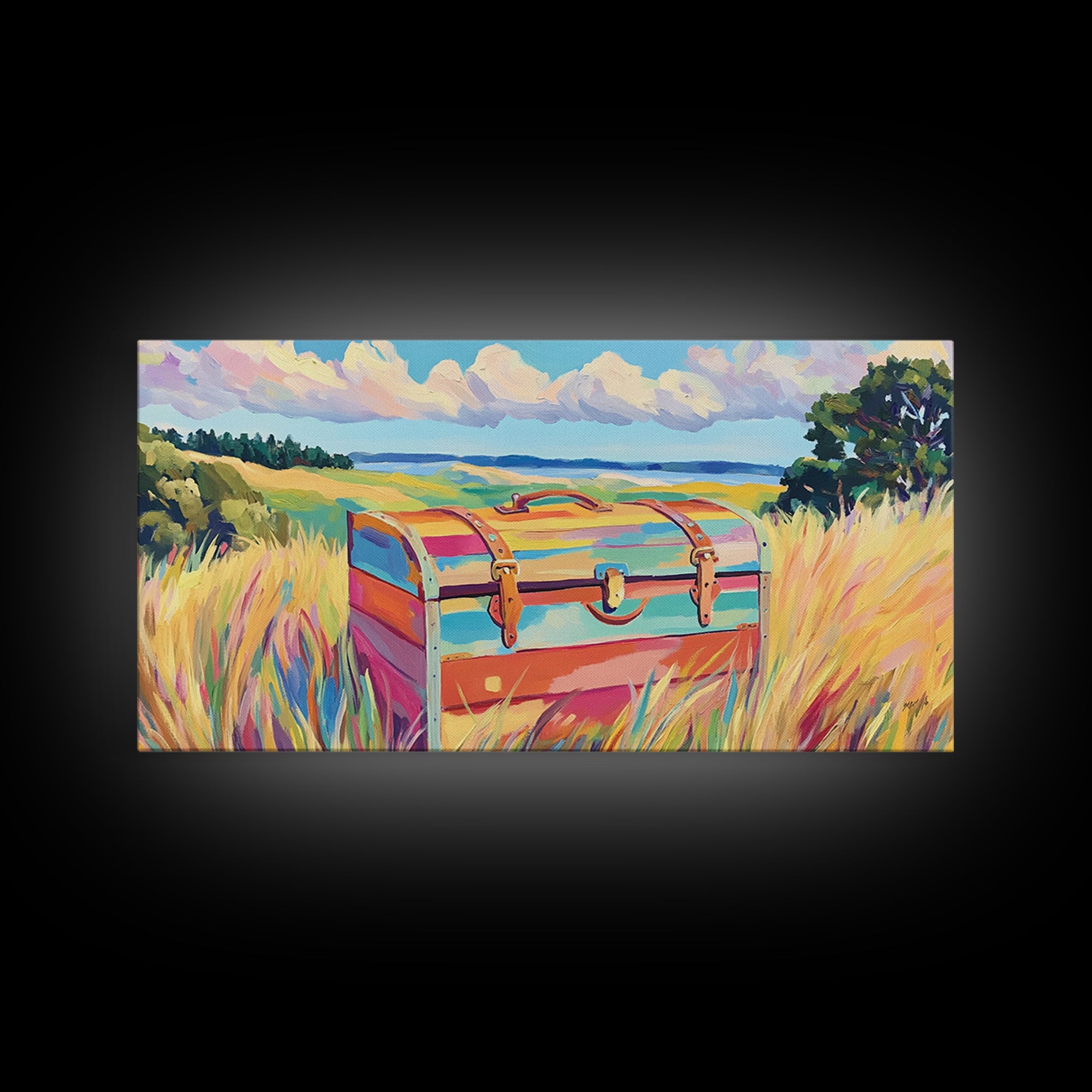 Striped Treasure Chest In Coastal Meadow Framed Canvas Print, Beach House Decor, Colorful Landscape Wall Art, Housewarming Gift