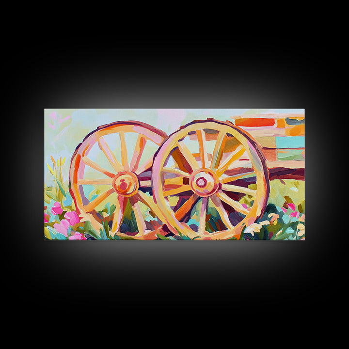 Rustic Wagon Wheels In Flower Garden Framed Canvas Print, Farmhouse Wall Art, Western Decor, Country Landscape Gift For Home