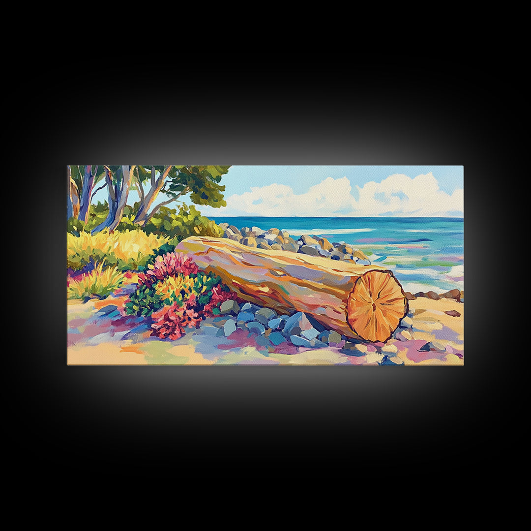 Sunlit Driftwood Beach And Turquoise Ocean Canvas Print, Coastal Wall Art, Seascape Painting, Beach House Decor Gift For Her