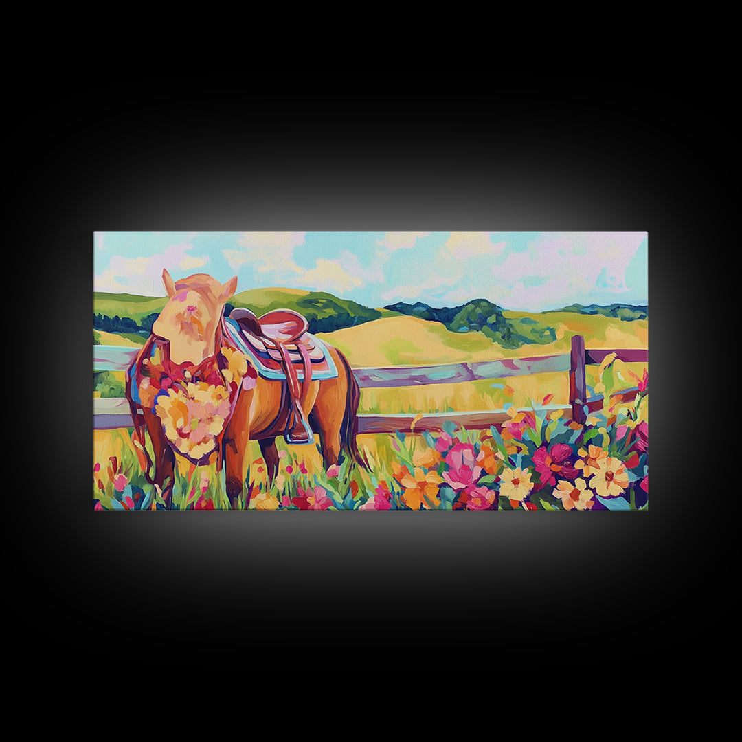 Pasture Horse With Saddle And Wildflowers Framed Canvas Print, Western Wall Art, Country Farmhouse Decor, Horse Lover Gift