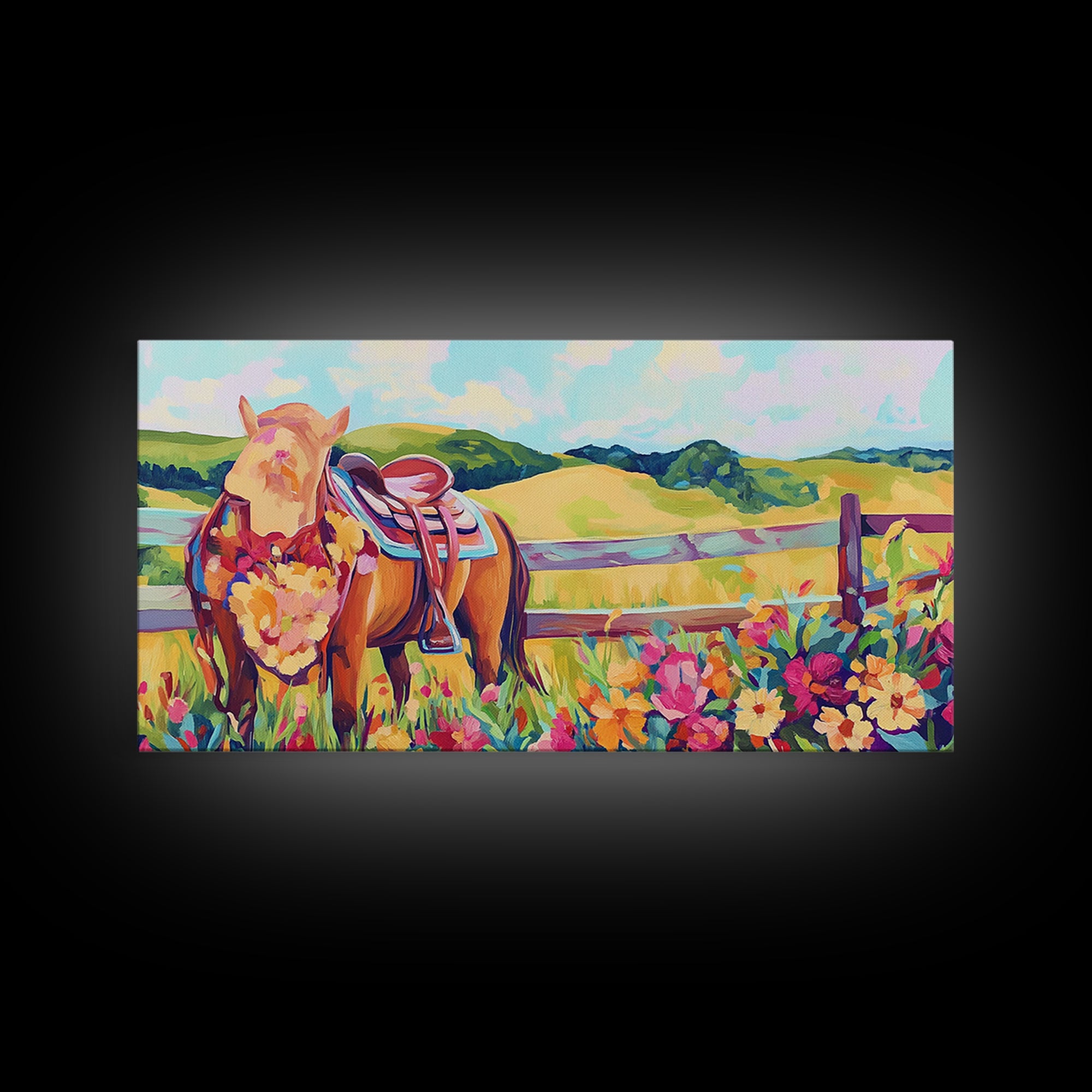 Pasture Horse With Saddle And Wildflowers Framed Canvas Print, Western Wall Art, Country Farmhouse Decor, Horse Lover Gift