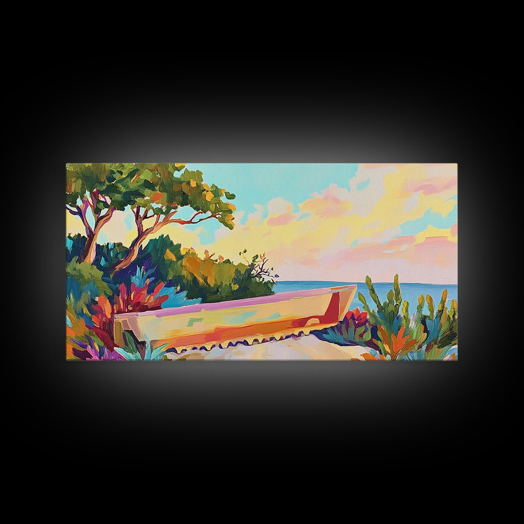 Pastel Garden Bench Overlooking Calm Sea Canvas Print, Coastal Wall Art, Mediterranean Decor, Serene Landscape For Living Room