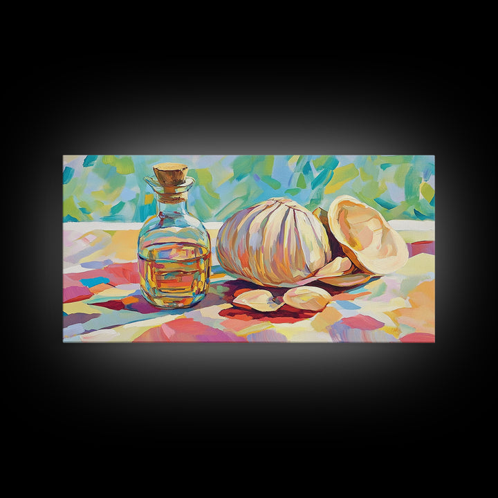 Garlic Bulb With Glass Oil Bottle And Shell Canvas Print, Kitchen Wall Art, Coastal Food Still Life Decor, Housewarming Gift