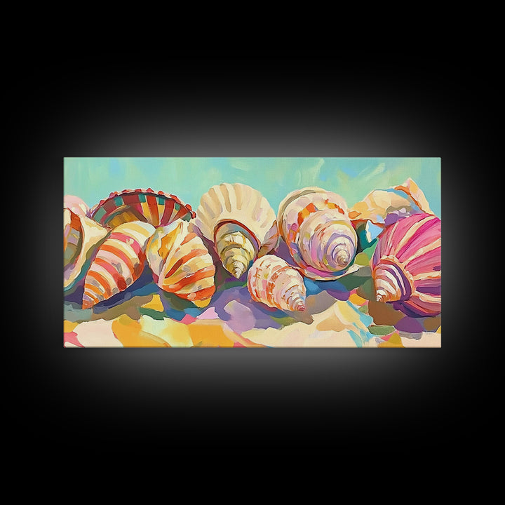 Rainbow Seashell Collection Beach Still Life Canvas Print, Coastal Wall Art, Nautical Home Decor, Colorful Beach House Gift