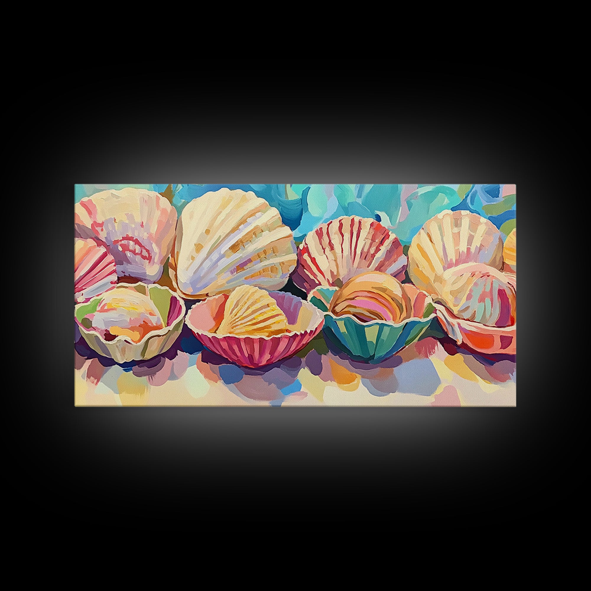Colorful Scallop Shell Trio Still Life Wall Art, Coastal Bathroom Decor, Seashell Canvas Print, Beach House Gallery Art Print