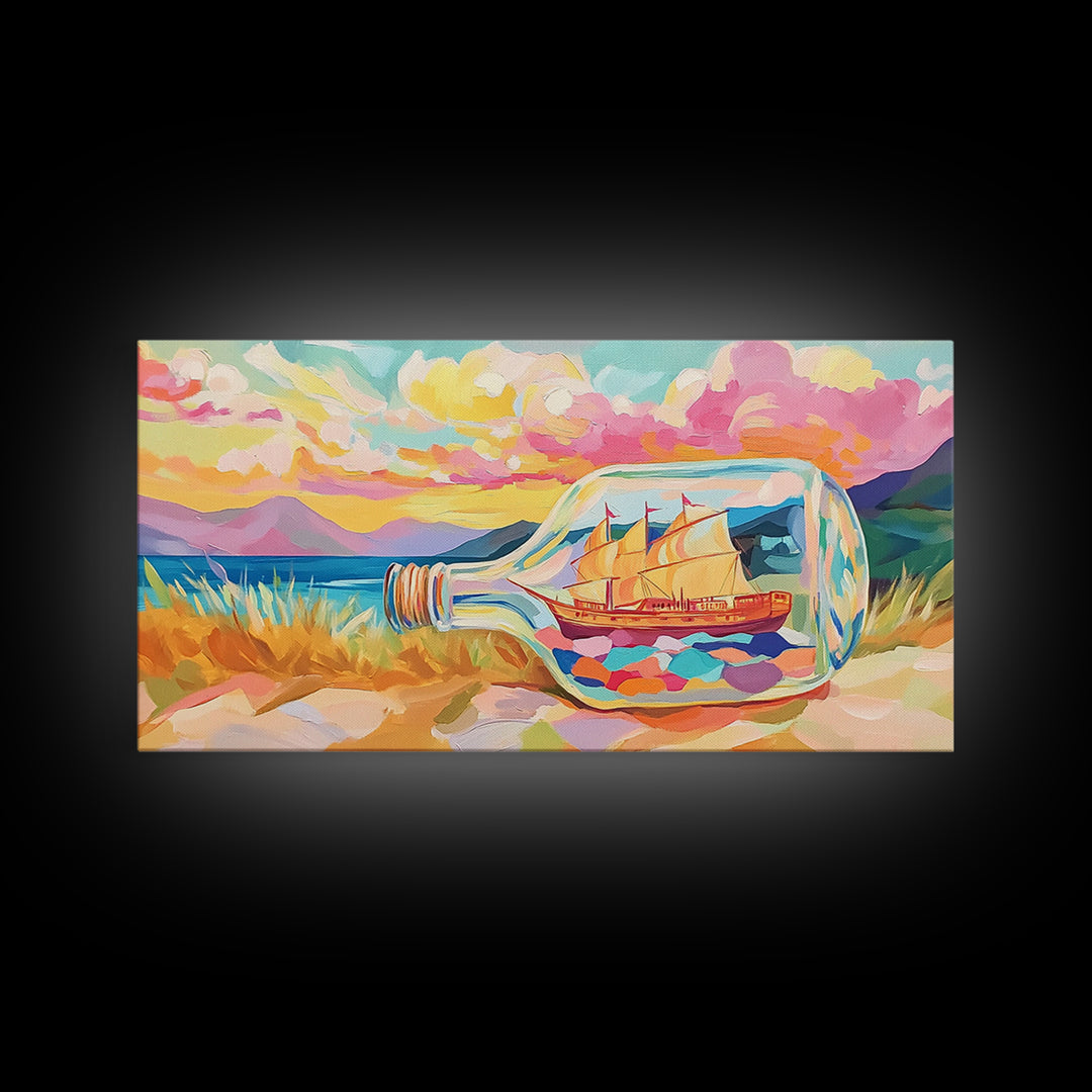 Ship In A Bottle Sunset Seascape Canvas Print, Coastal Wall Art, Nautical Beach House Decor, Whimsical Ocean Landscape Art