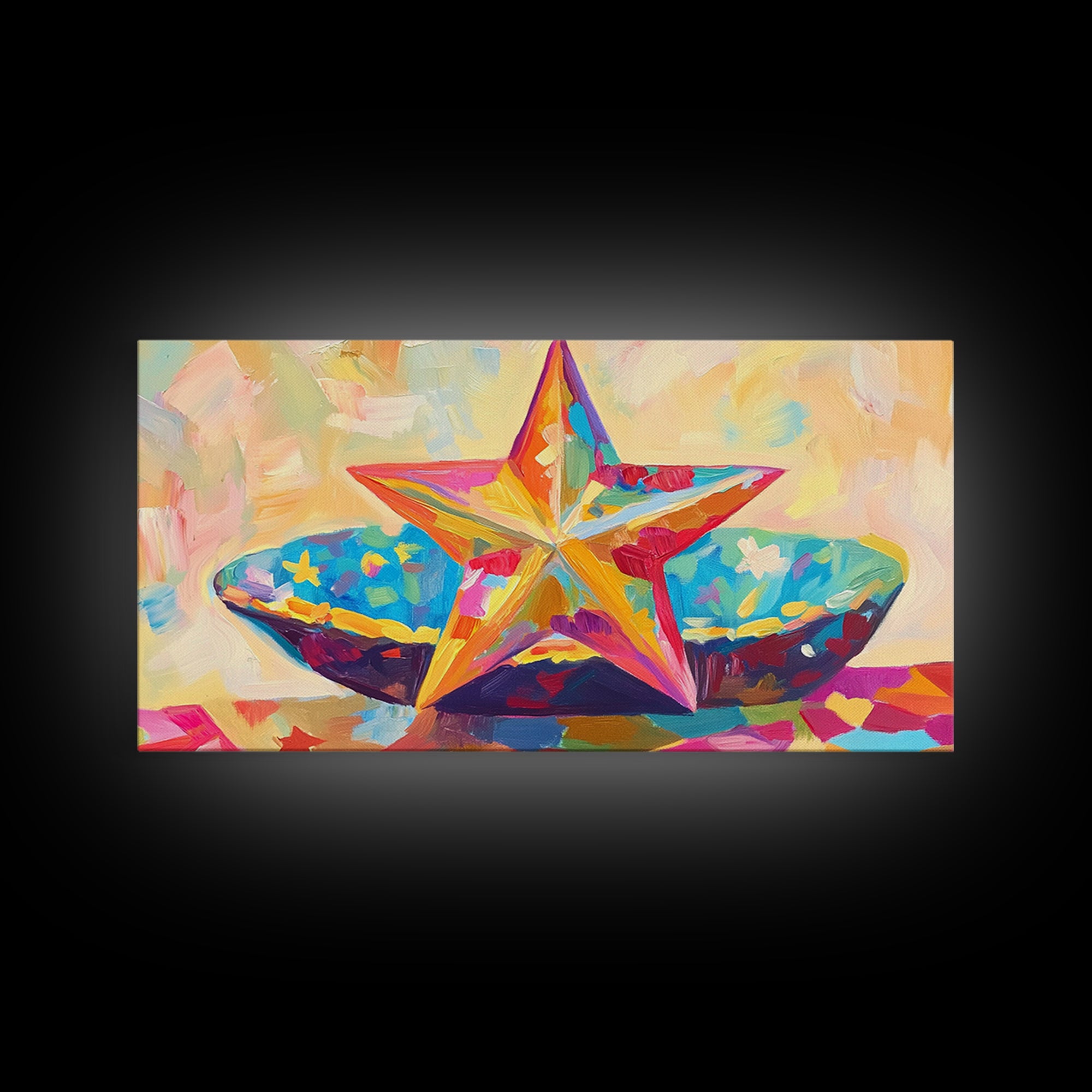 Painted Starfish And Bright Seashell Still Life Wall Art, Coastal Canvas Print, Beach House Decor, Colorful Nautical Art Gift