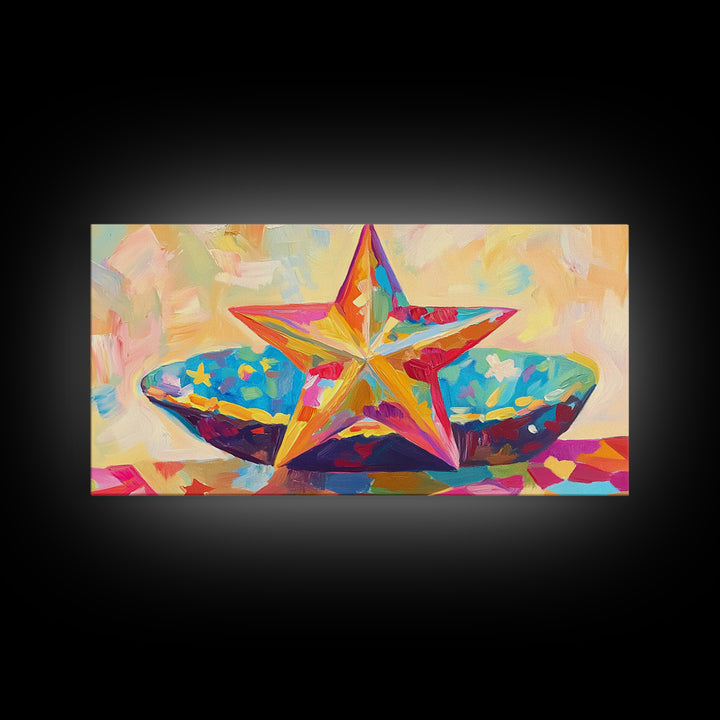Painted Starfish And Bright Seashell Still Life Wall Art, Coastal Canvas Print, Beach House Decor, Colorful Nautical Art Gift