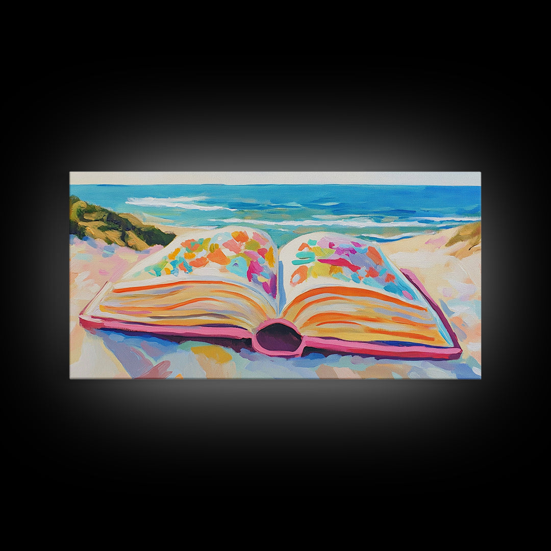 Open Book On Sunny Beach Canvas Print, Coastal Wall Art, Beach House Decor, Ocean Landscape Art, Gift For Book Lover, Living Room Decor