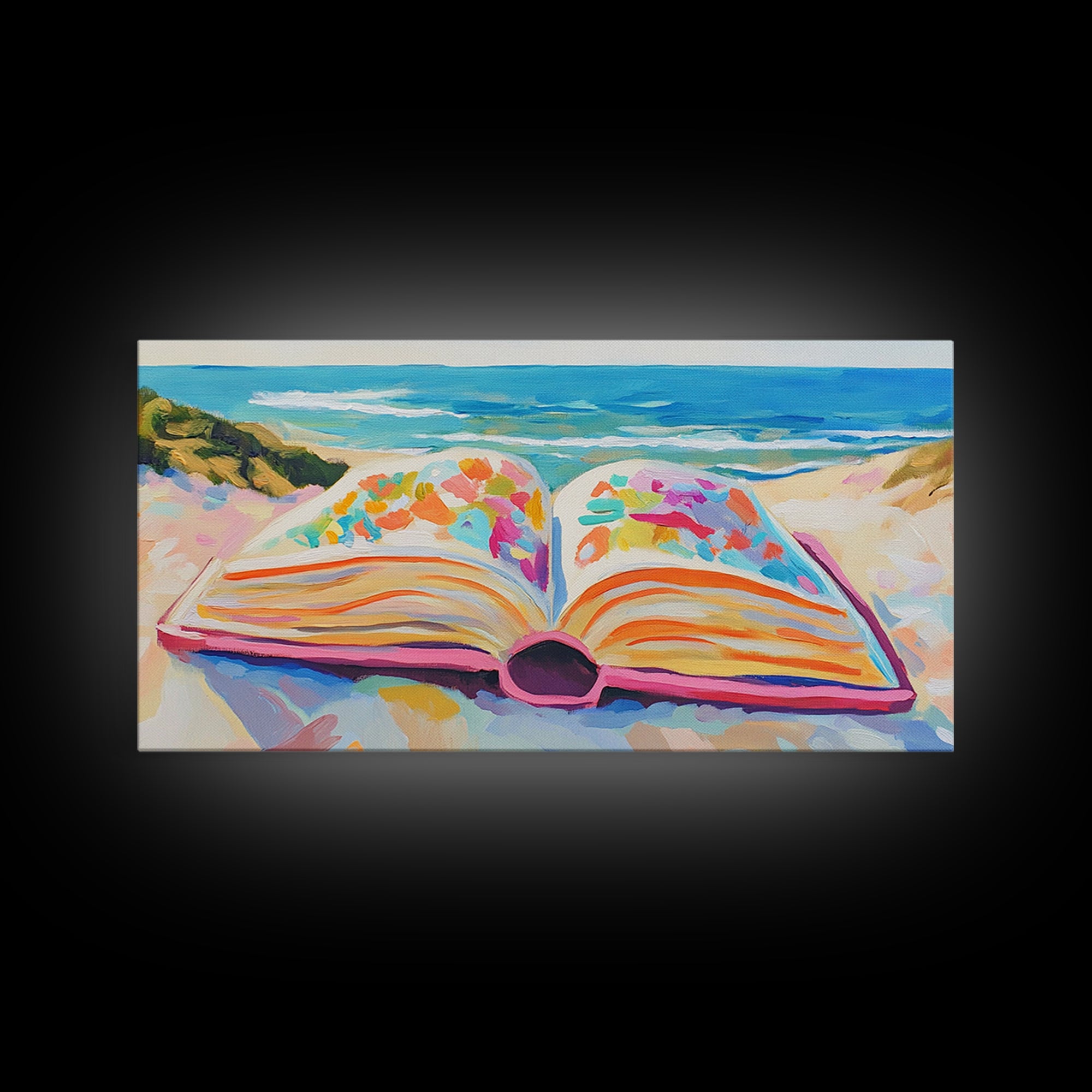 Open Book On Sunny Beach Canvas Print, Coastal Wall Art, Beach House Decor, Ocean Landscape Art, Gift For Book Lover, Living Room Decor