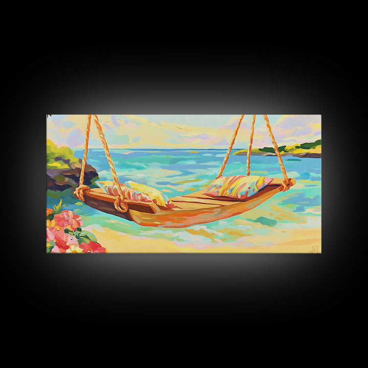 Tropical Beach Hammock Over Turquoise Water Canvas Print, Coastal Wall Art, Beach House Decor, Summer Living Room Decor Gift