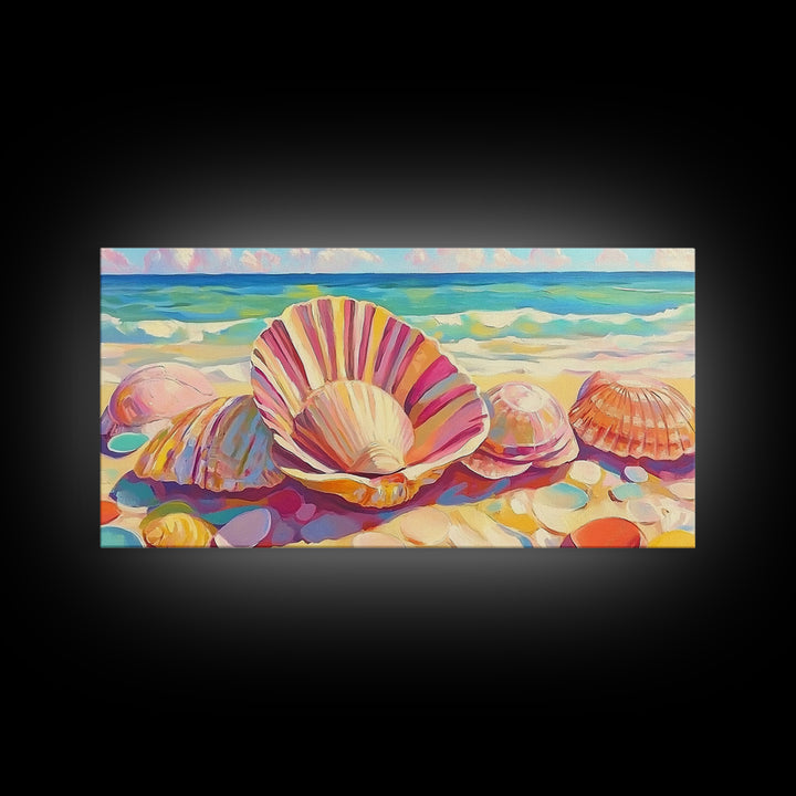 Pink Seashells On Sandy Beach Canvas Print, Coastal Wall Art, Beach House Decor, Ocean Wall Decor, Summer Gift For Her, Bathroom Decor
