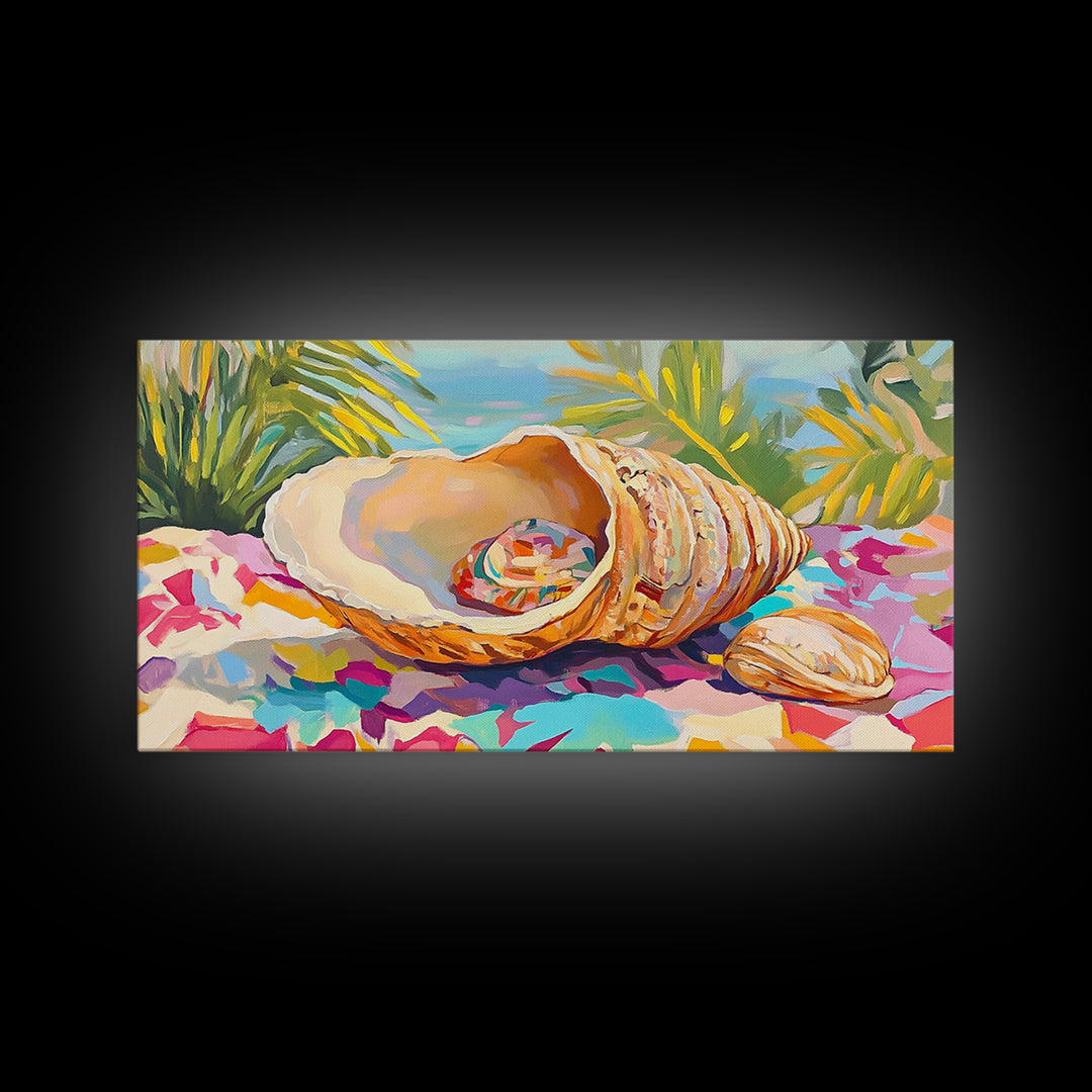 Colorful Seashell On Tropical Table Wall Art, Coastal Beach House Decor, Ocean Shell Canvas Print, Summer Nautical Gift Idea