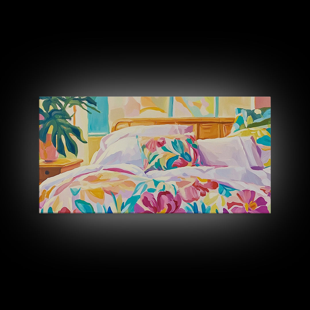 Bright Floral Bedding In Sunlit Bedroom Wall Art, Cozy Master Bedroom Decor, Tropical Canvas Print, Above Bed Gift For Her