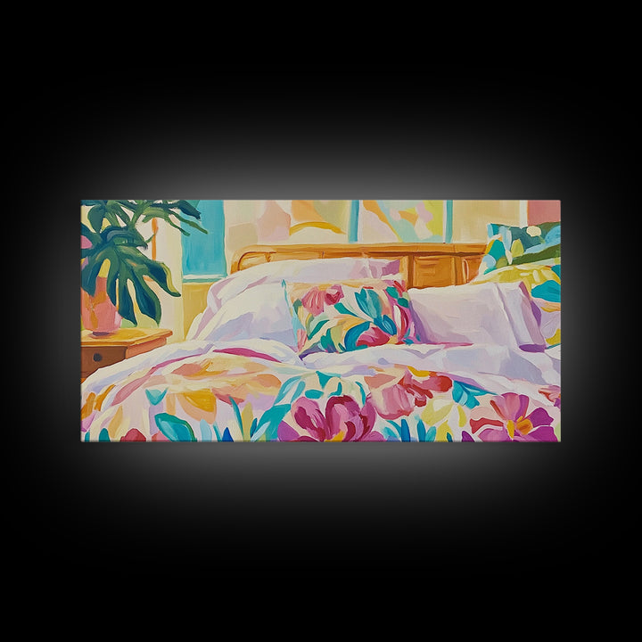 Bright Floral Bedding In Sunlit Bedroom Wall Art, Cozy Master Bedroom Decor, Tropical Canvas Print, Above Bed Gift For Her