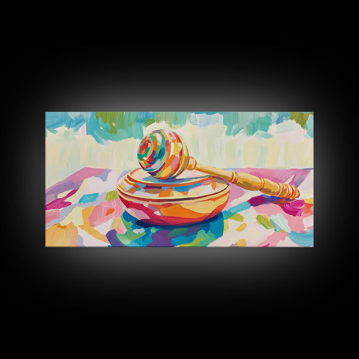 Rainbow Maraca On Painted Bowl Canvas Print, Colorful Music Room Wall Art, Whimsical Nursery Decor And Playroom Art Gift