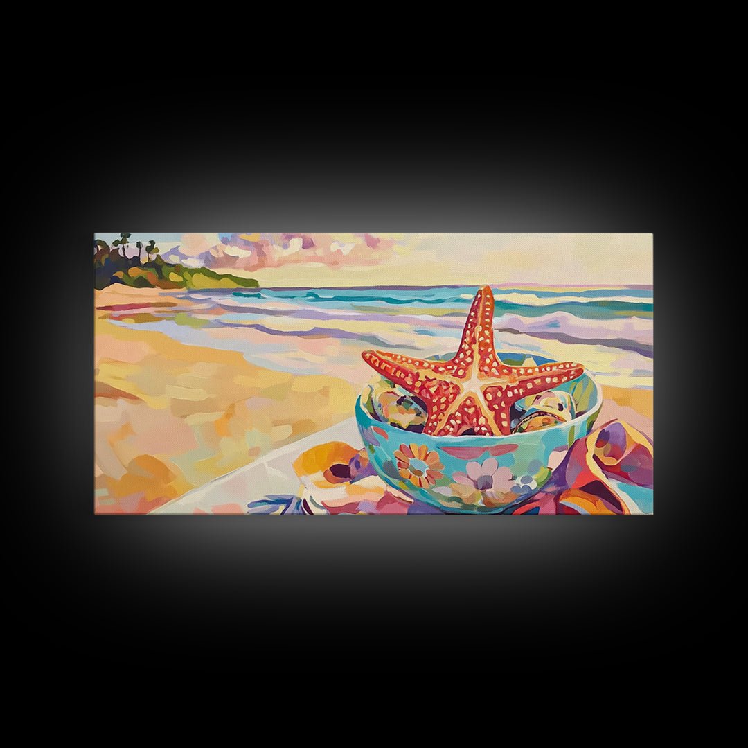 Red Starfish In Floral Bowl Beach Wall Art, Coastal Canvas Print, Ocean Decor, Beach House Gift For Her, Summer Seascape