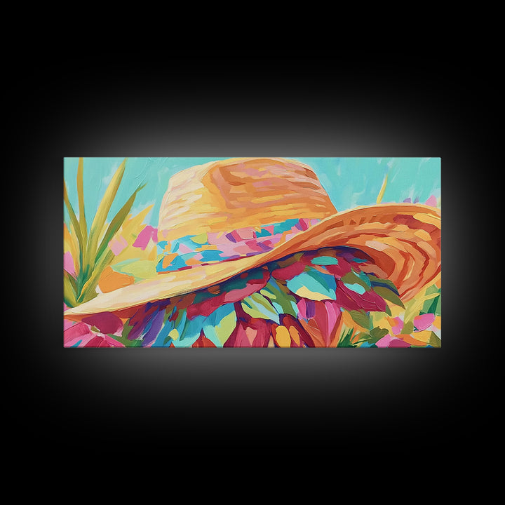 Sunlit Straw Hat With Floral Scarf Canvas Print, Coastal Cowgirl Wall Art, Summer Fashion Decor, Boho Home Decor, Gift For Her
