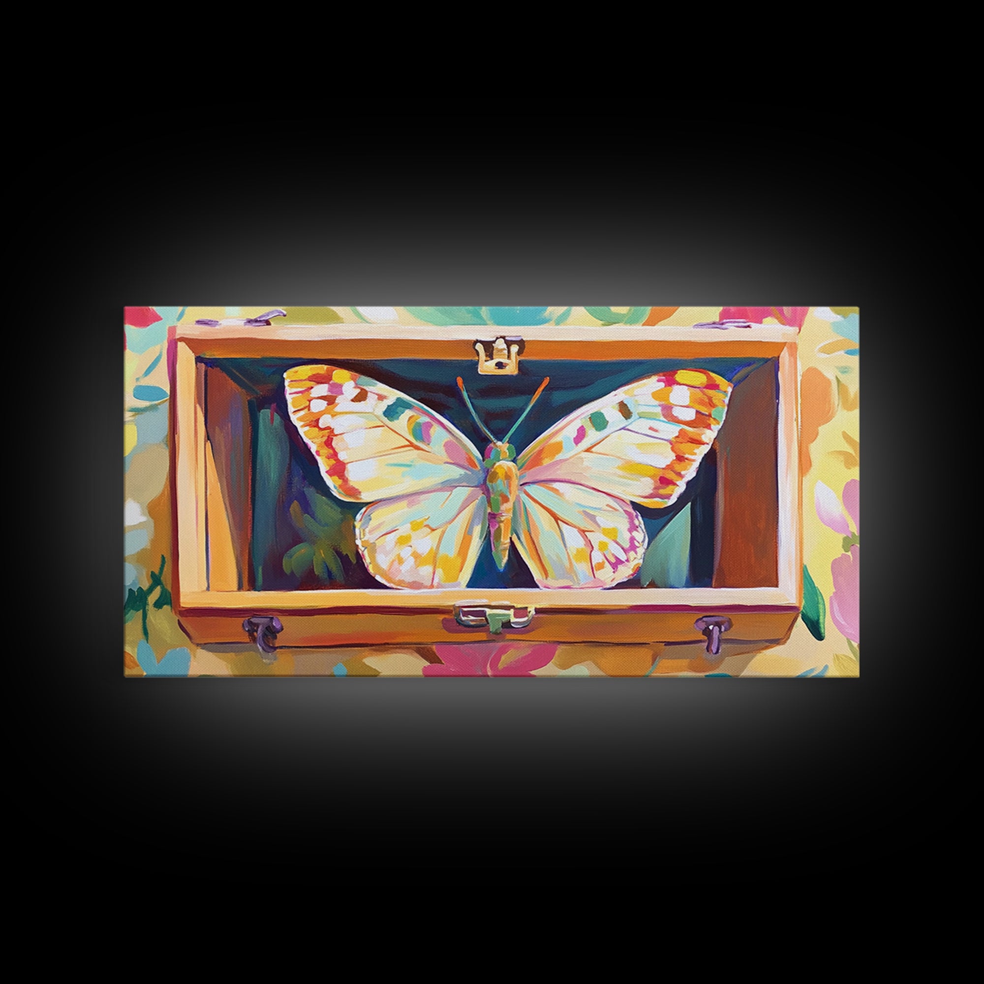 White Butterfly In Wooden Case Framed Canvas Print, Whimsical Animal Wall Art, Nature Inspired Art, Colorful Home Decor Gift