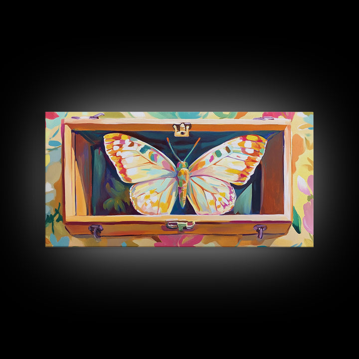 White Butterfly In Wooden Case Framed Canvas Print, Whimsical Animal Wall Art, Nature Inspired Art, Colorful Home Decor Gift