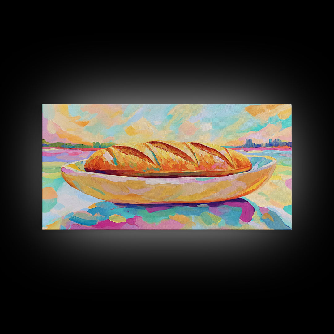 Golden Croissant On Coastal Plate Canvas Print, French Bakery Kitchen Wall Art, Beach House Decor, Cafe Poster, Food Lover Gift