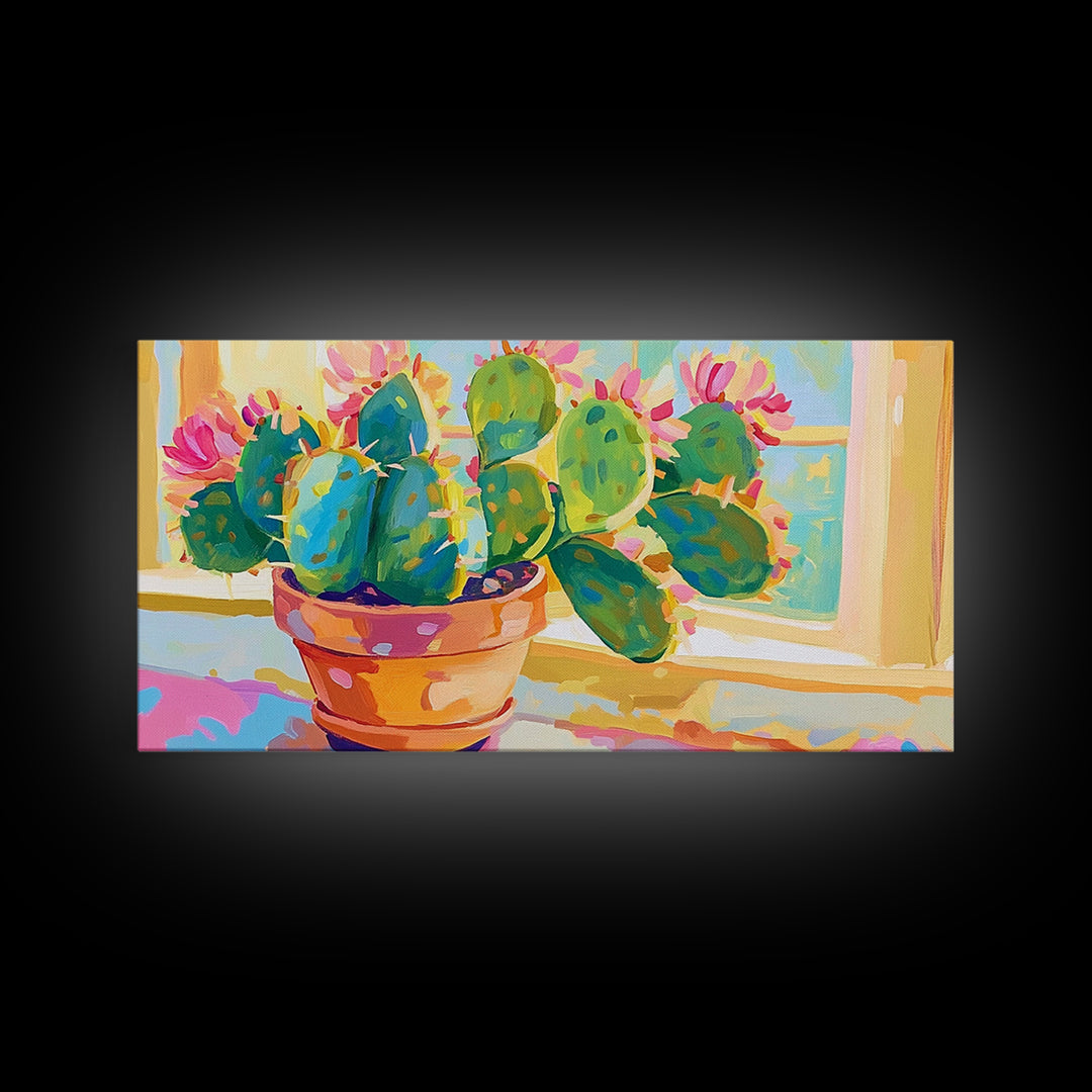 Blooming Prickly Pear Cactus Framed Canvas Print, Colorful Botanical Wall Art, Sunny Window Plant Lover Gift, Boho Home Decor