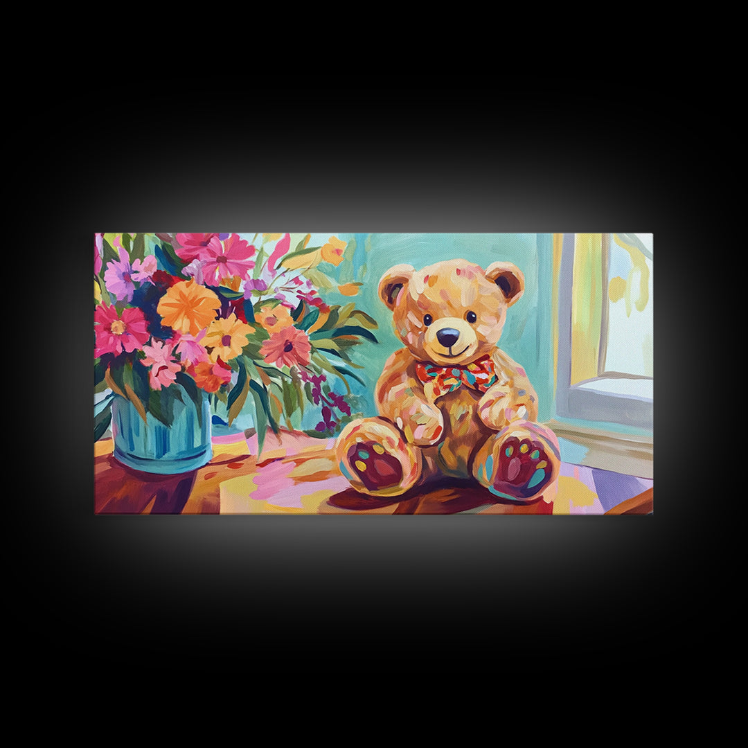 Sweet Teddy Bear With Flower Bouquet Wall Art, Colorful Nursery Decor, Kids Room Art Print, Baby Shower Housewarming Gift