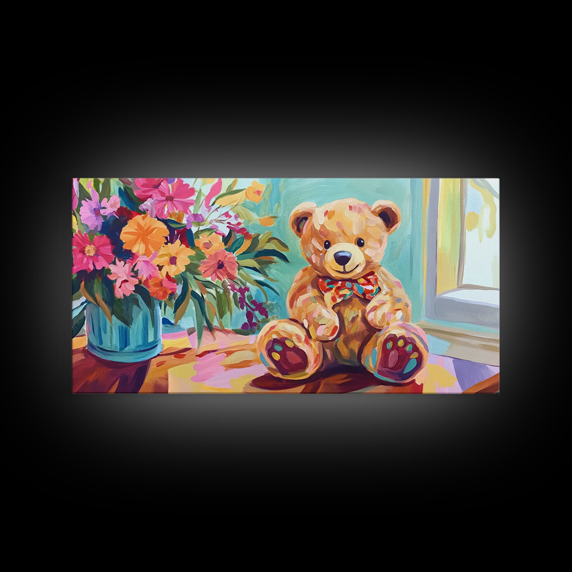 Sweet Teddy Bear With Flower Bouquet Wall Art, Colorful Nursery Decor, Kids Room Art Print, Baby Shower Housewarming Gift