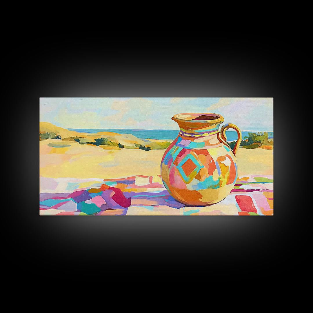 Colorful Ceramic Pitcher By Sunny Coast Framed Canvas Print, Coastal Wall Art, Mediterranean Kitchen Decor, Beach House Gift