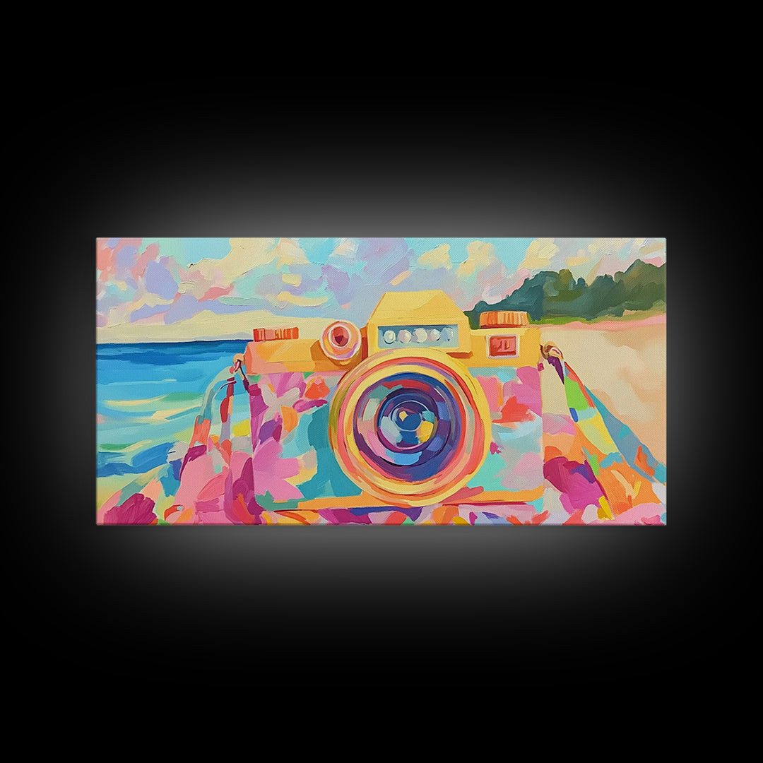 Retro Floral Camera On Sunny Beach Towel Canvas Print, Coastal Wall Art, Photography Decor, Dopamine Decor, Gift For Her