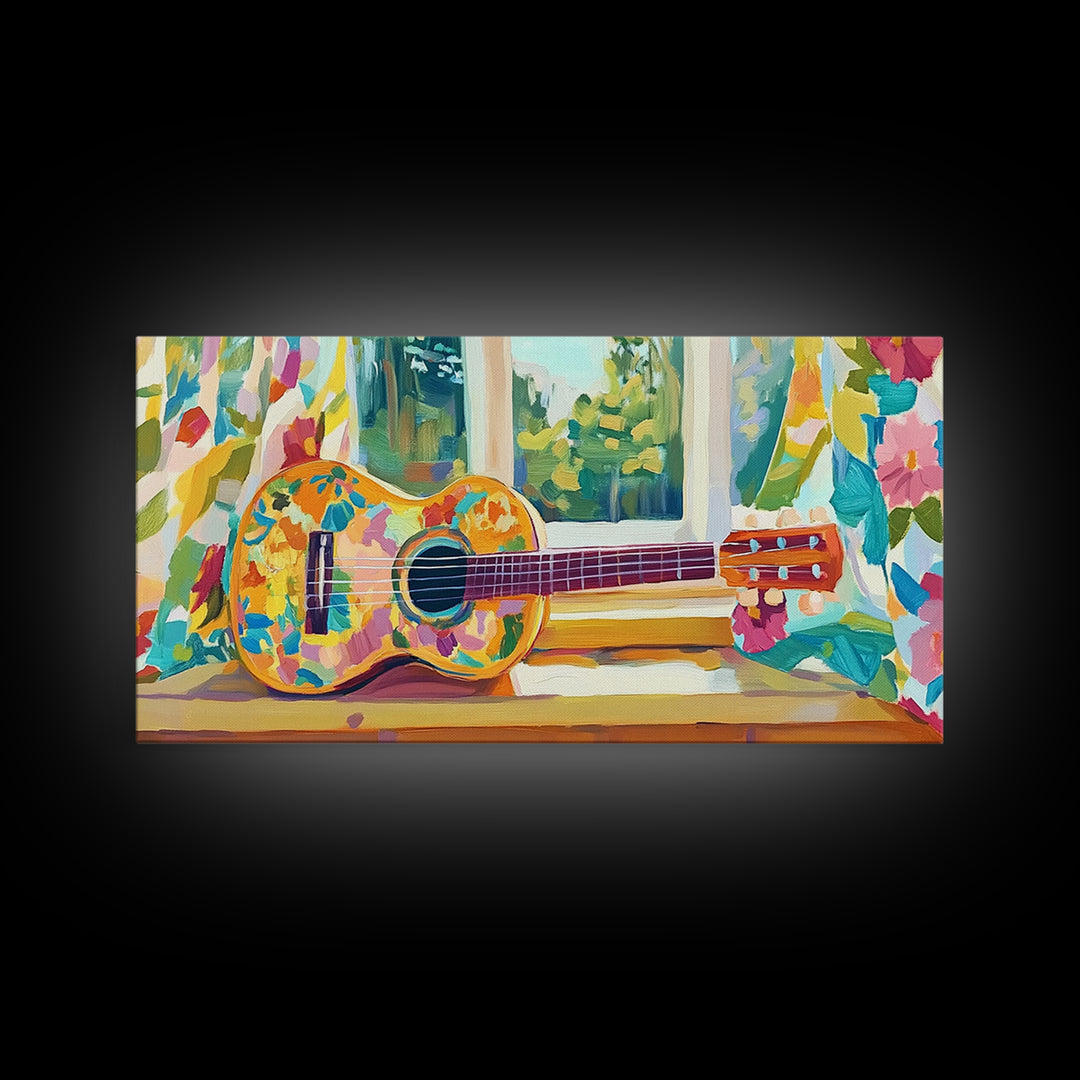 Painted Ukulele By Sunny Window Framed Canvas Print, Music Room Decor, Tropical Wall Art, Boho Home Decor, Gift For Music Lover