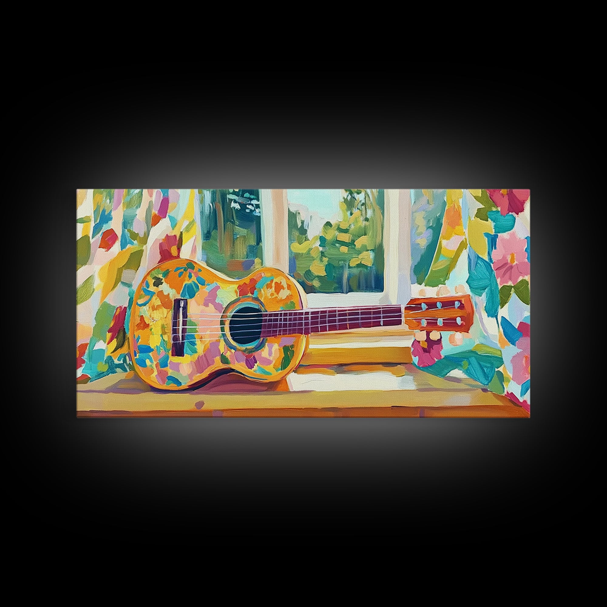 Painted Ukulele By Sunny Window Framed Canvas Print, Music Room Decor, Tropical Wall Art, Boho Home Decor, Gift For Music Lover
