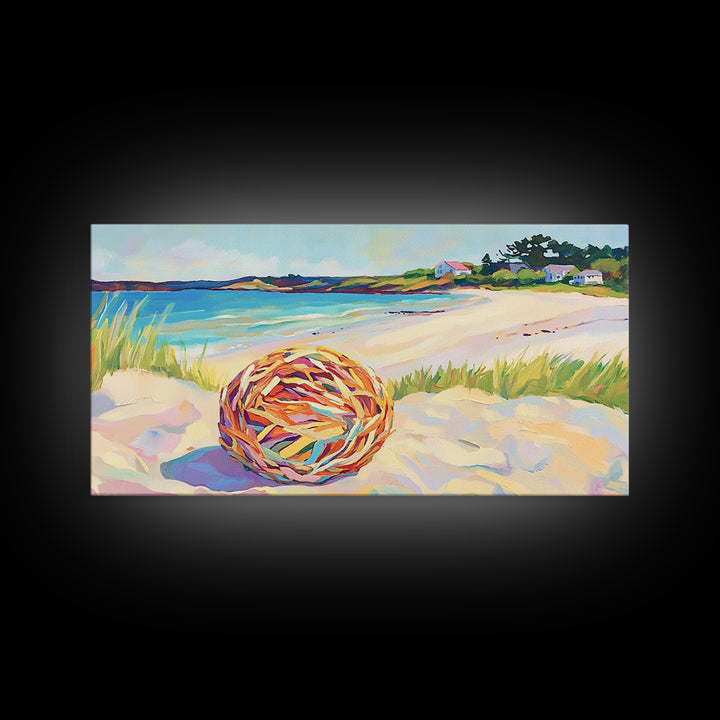 Woven Beach Ball On Sandy Shore Wall Art, Coastal Seascape Canvas, Beach House Decor, Summer Ocean Landscape Print Gift For Her