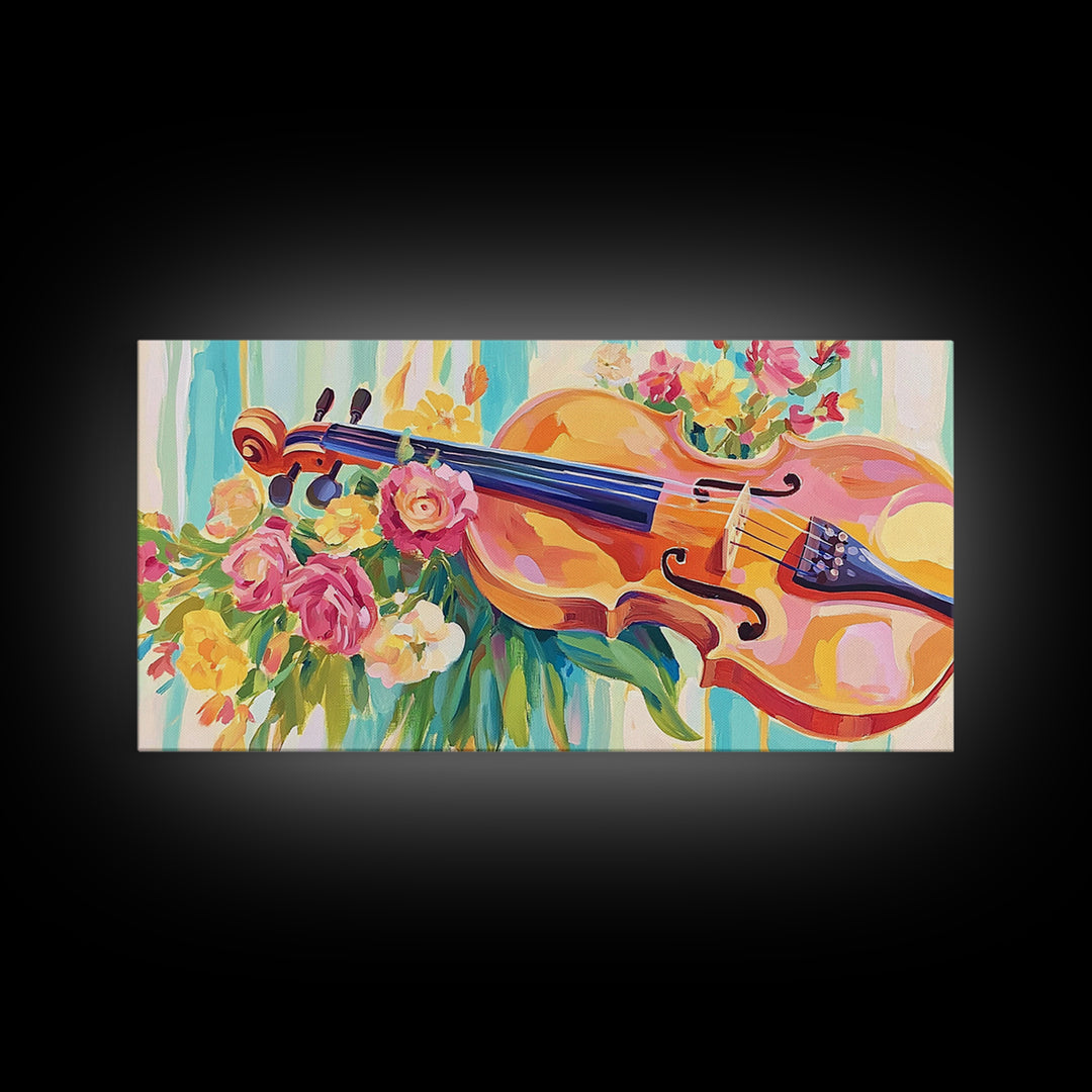 Romantic Violin With Garden Flowers Framed Canvas Print, Music Room Decor, Floral Wall Art, Gift For Music Lover, Elegant Fine Art Print