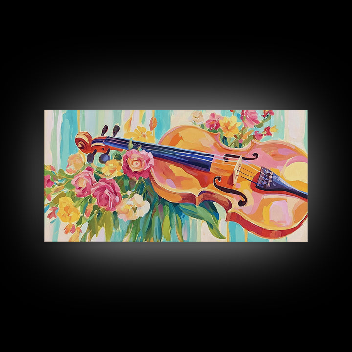 Romantic Violin With Garden Flowers Framed Canvas Print, Music Room Decor, Floral Wall Art, Gift For Music Lover, Elegant Fine Art Print