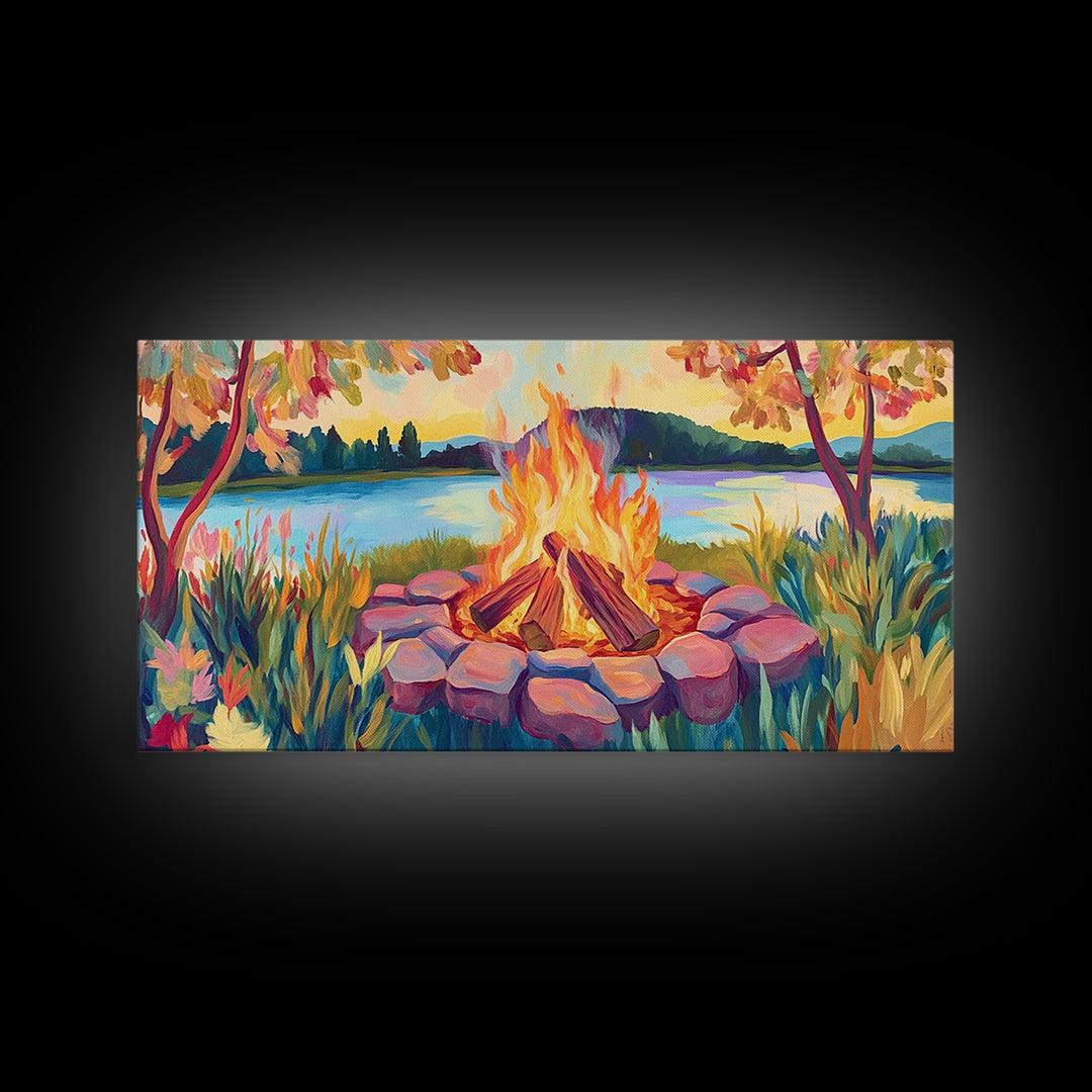 Lakeside Campfire At Sunset Framed Canvas Print, Cozy Cabin Wall Art, Rustic Home Decor, Nature Landscape Gift, Lake House Decor