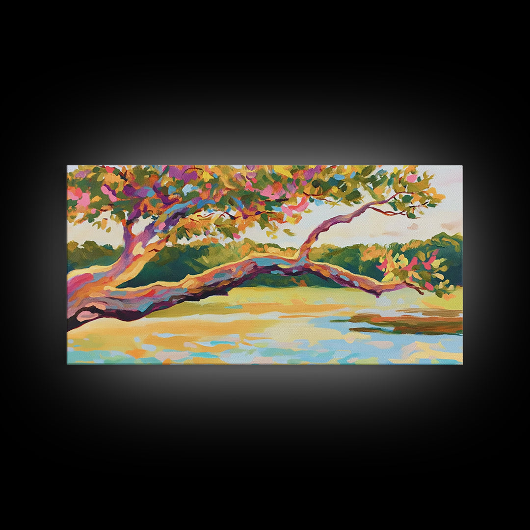 Colorful Lakeside Tree Wall Art, Vibrant Landscape Painting, Nature Canvas Wall Art, Living Room Decor, Housewarming Gift