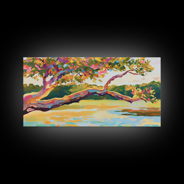Colorful Lakeside Tree Wall Art, Vibrant Landscape Painting, Nature Canvas Wall Art, Living Room Decor, Housewarming Gift