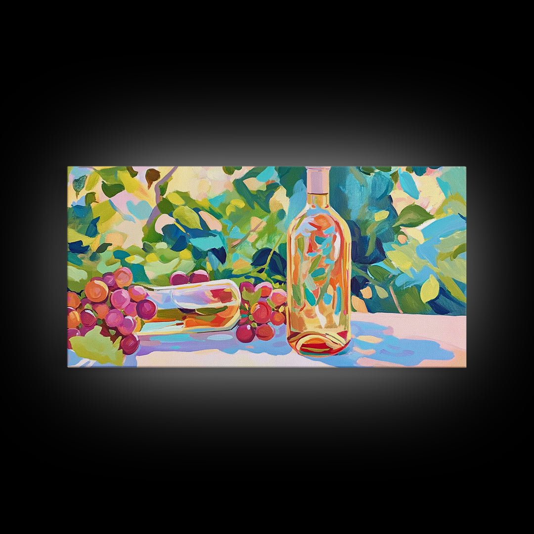 Sunlit Wine Bottle And Grapes Framed Canvas Print, Vineyard Kitchen Wall Art, Winery Decor, Wine Lover Housewarming Gift