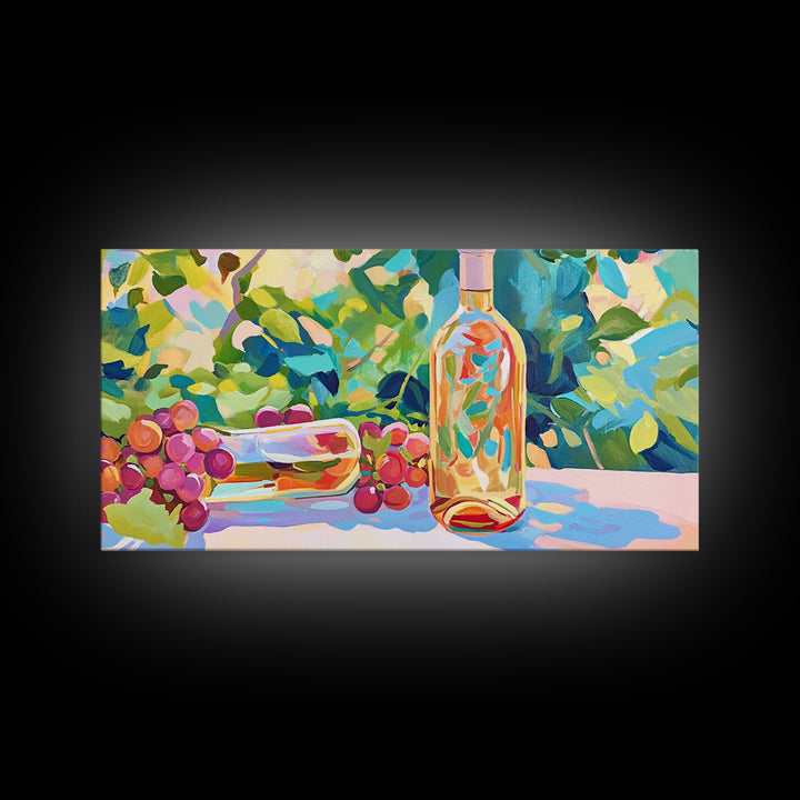 Sunlit Wine Bottle And Grapes Framed Canvas Print, Vineyard Kitchen Wall Art, Winery Decor, Wine Lover Housewarming Gift