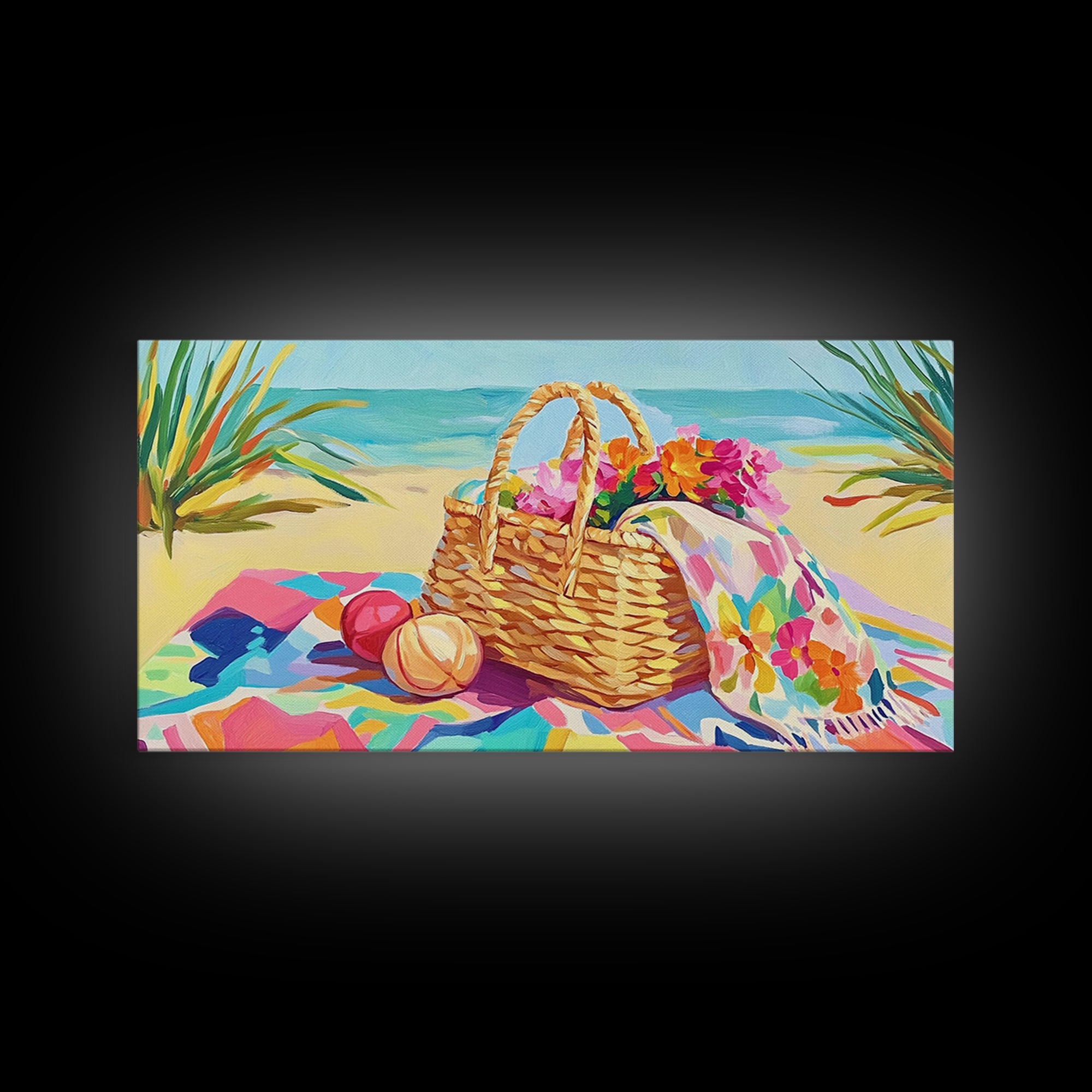 Beach Picnic Basket With Flowers Wall Art, Coastal Canvas Print For Beach House Decor, Summer Living Room Decor, Gift For Her