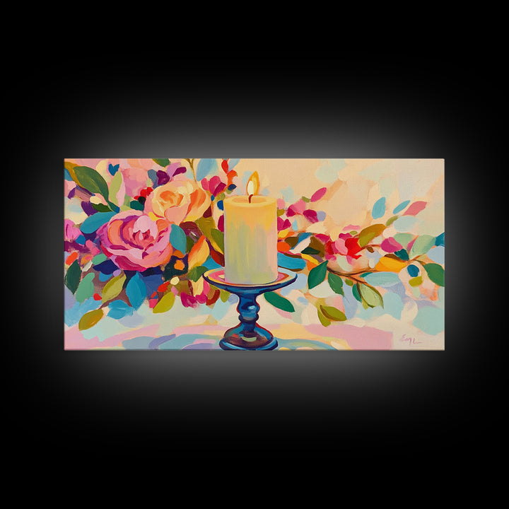 Lit Candle Among Lush Flowers Wall Art, Romantic Floral Framed Canvas Print For Bedroom Decor, Spa Decor, Gift For Her, Home Decor