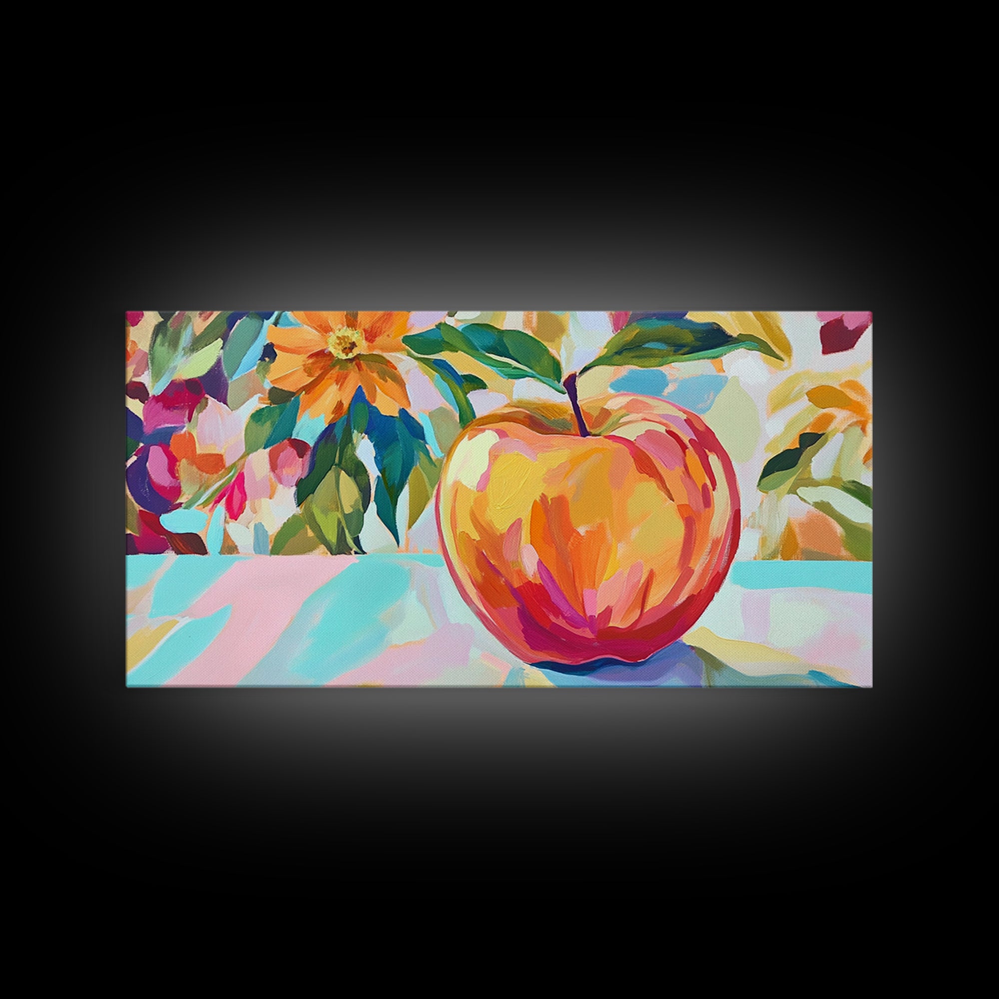 Single Apple With Bold Flowers Canvas Print, Colorful Kitchen Wall Art, Fruit Still Life, Botanical Decor, Housewarming Gift