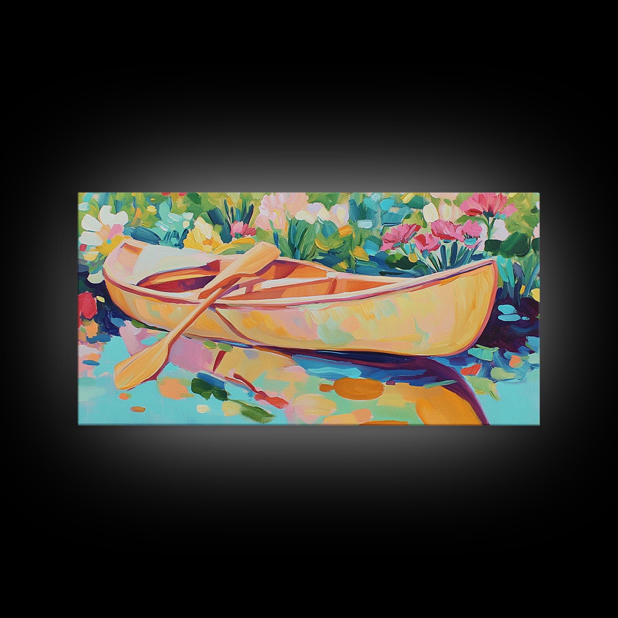 Yellow Canoe With Paddle In Floral Water Canvas Print, Coastal Wall Art, Lake House Decor, Boho Landscape, Housewarming Gift
