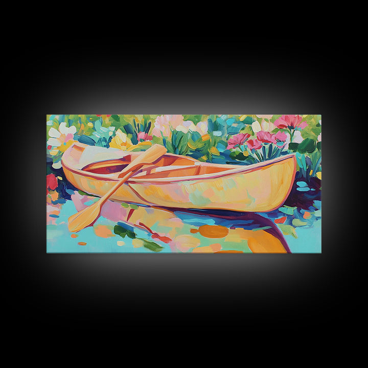 Yellow Canoe With Paddle In Floral Water Canvas Print, Coastal Wall Art, Lake House Decor, Boho Landscape, Housewarming Gift