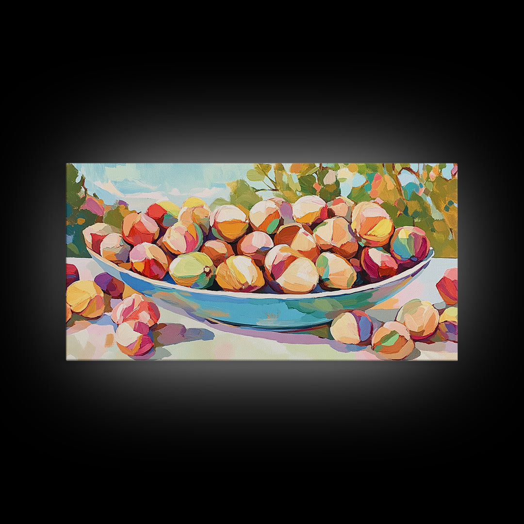 Sunlit Bowl Of Nuts Still Life Canvas Print, Colorful Kitchen Wall Art, Food Painting, Dining Room Decor, Housewarming Gift