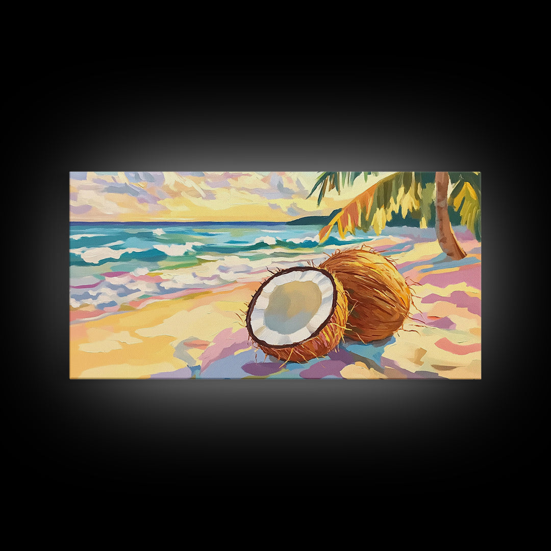 Tropical Coconut Beach Scene Canvas Print, Coastal Wall Art, Ocean Decor, Beach House Decor, Summer Kitchen Art, Gift For Her